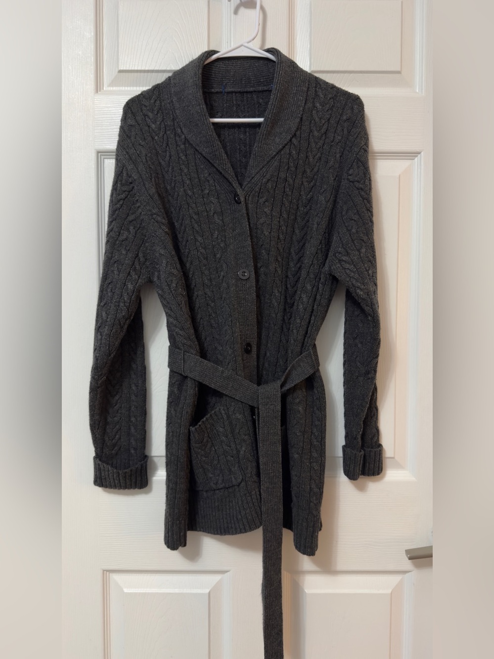 Women's Shawl Collar Cable-Knit Belted Cardigan - Charcoal Gray